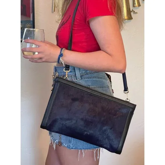 Navy French Connection Cow Hair Handbag with Long Strap - Picture 1 of 10